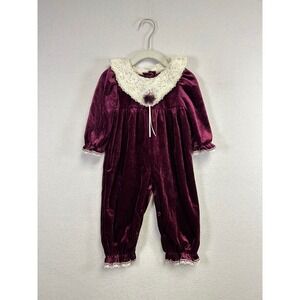 Rose Cottage Vintage Burgundy Velvet Lace Baby Girls Jumpsuit Romper 12 Months